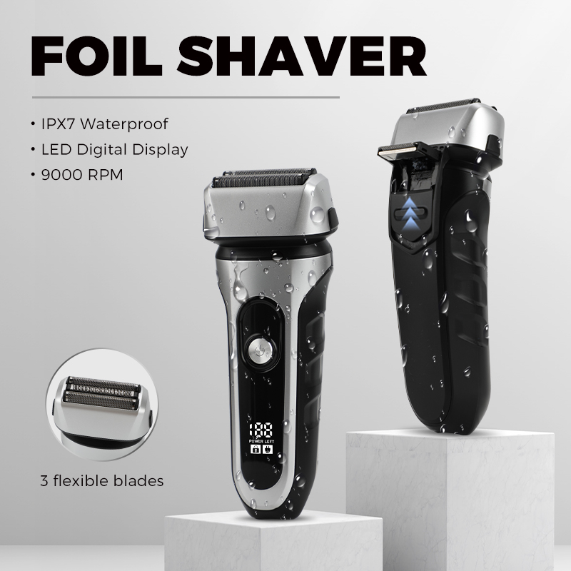 IPX7 Waterproof Rotary Shaver with Smart Digital Display Electric Razor with 3 Floating Foil Blades